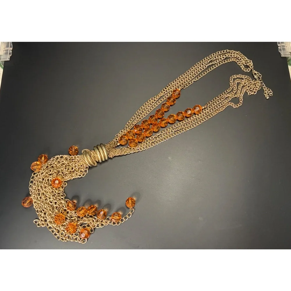 Vintage Gold Chain Fringe Necklace Amber Faceted Bead Statement